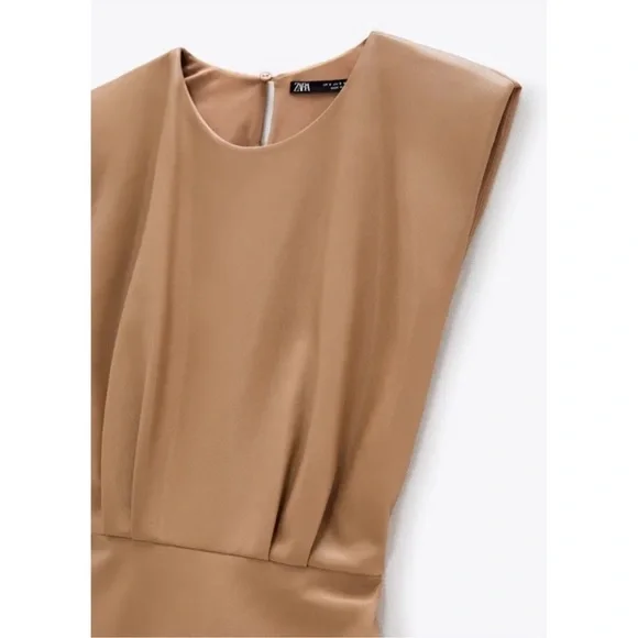 ZARA Faux Leather Padded Shoulder Mini Dress Womens Brown Sleeveless Size Large - Picture 14 of 15